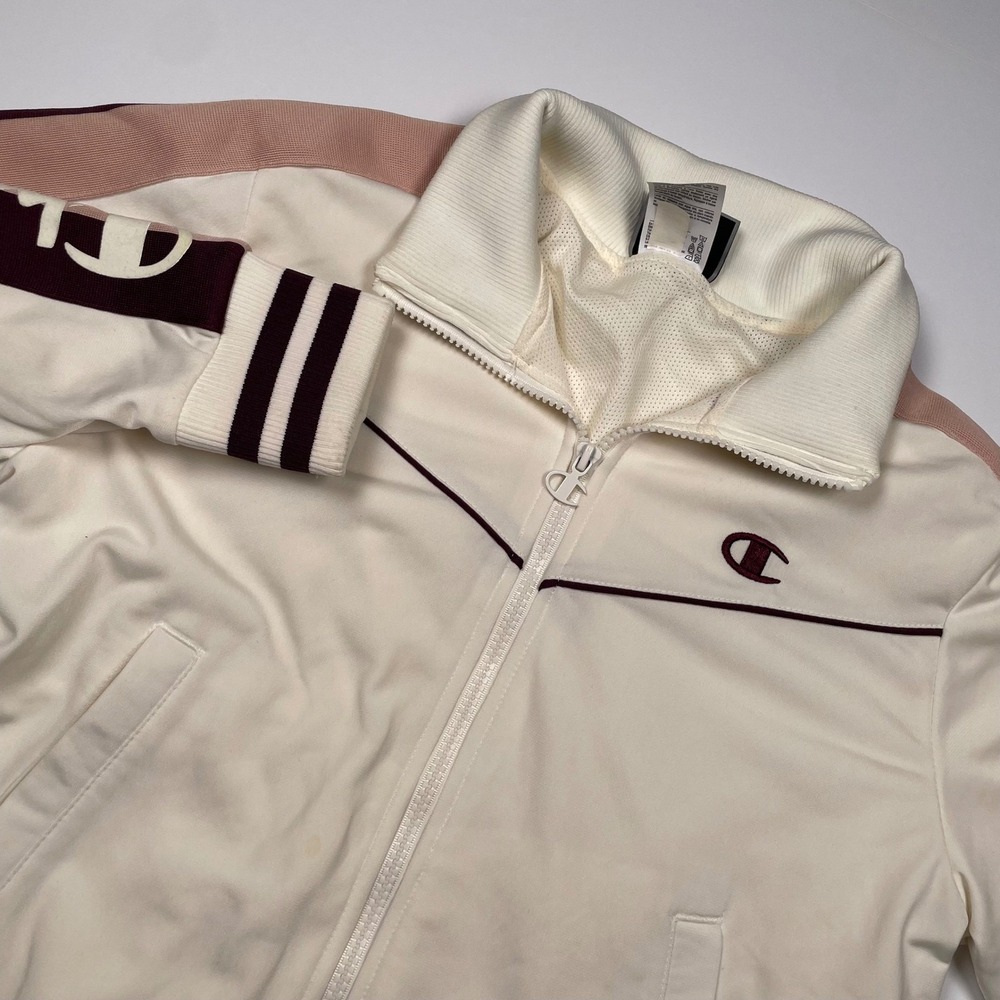 Champion Womens Track Jacket Medium Cream Burgundy Pink Full Zip Logo Athletic